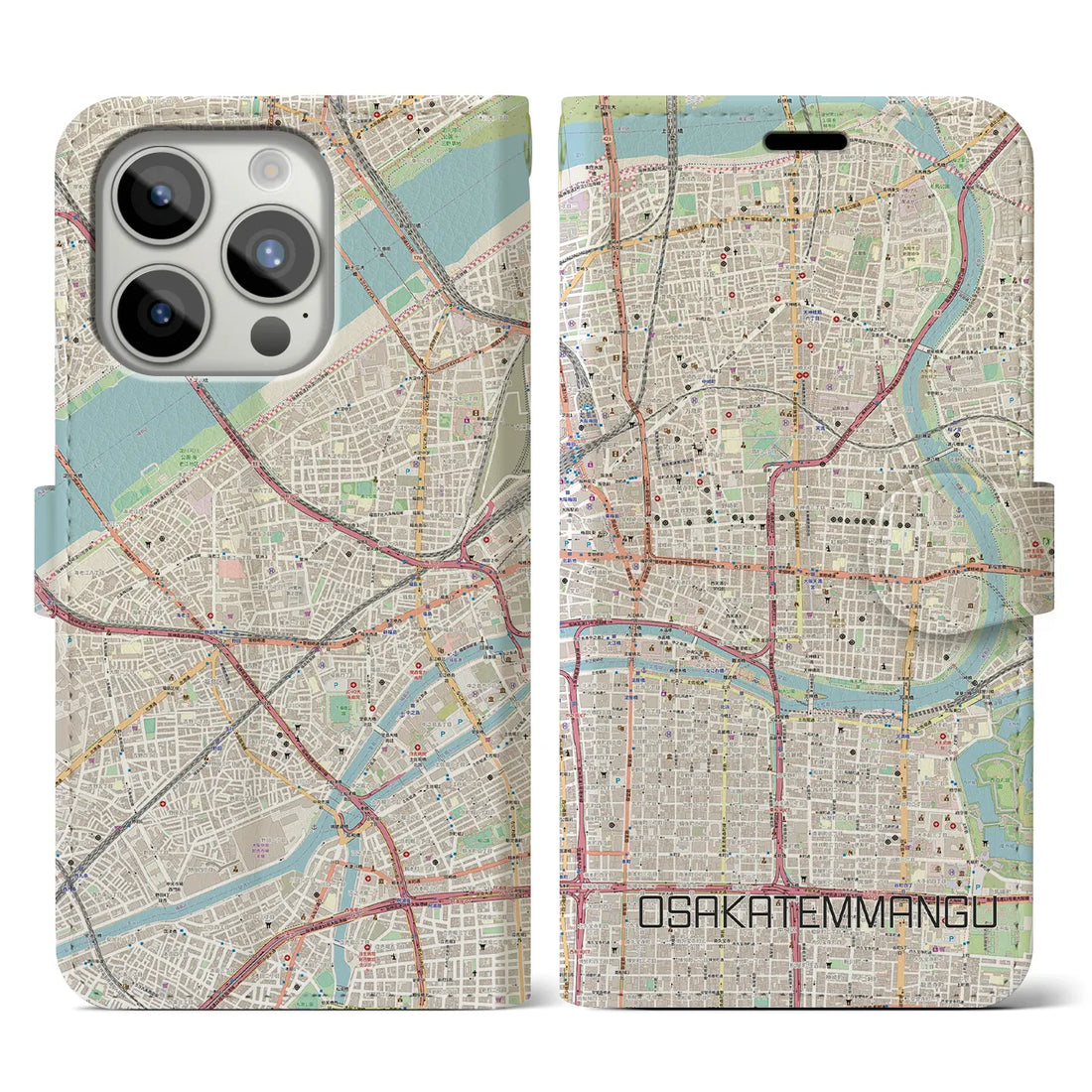 【大阪天満宮】地図柄iPhoneケース（手帳両面タイプ・ナチュラル）iPhone 15 Pro 用