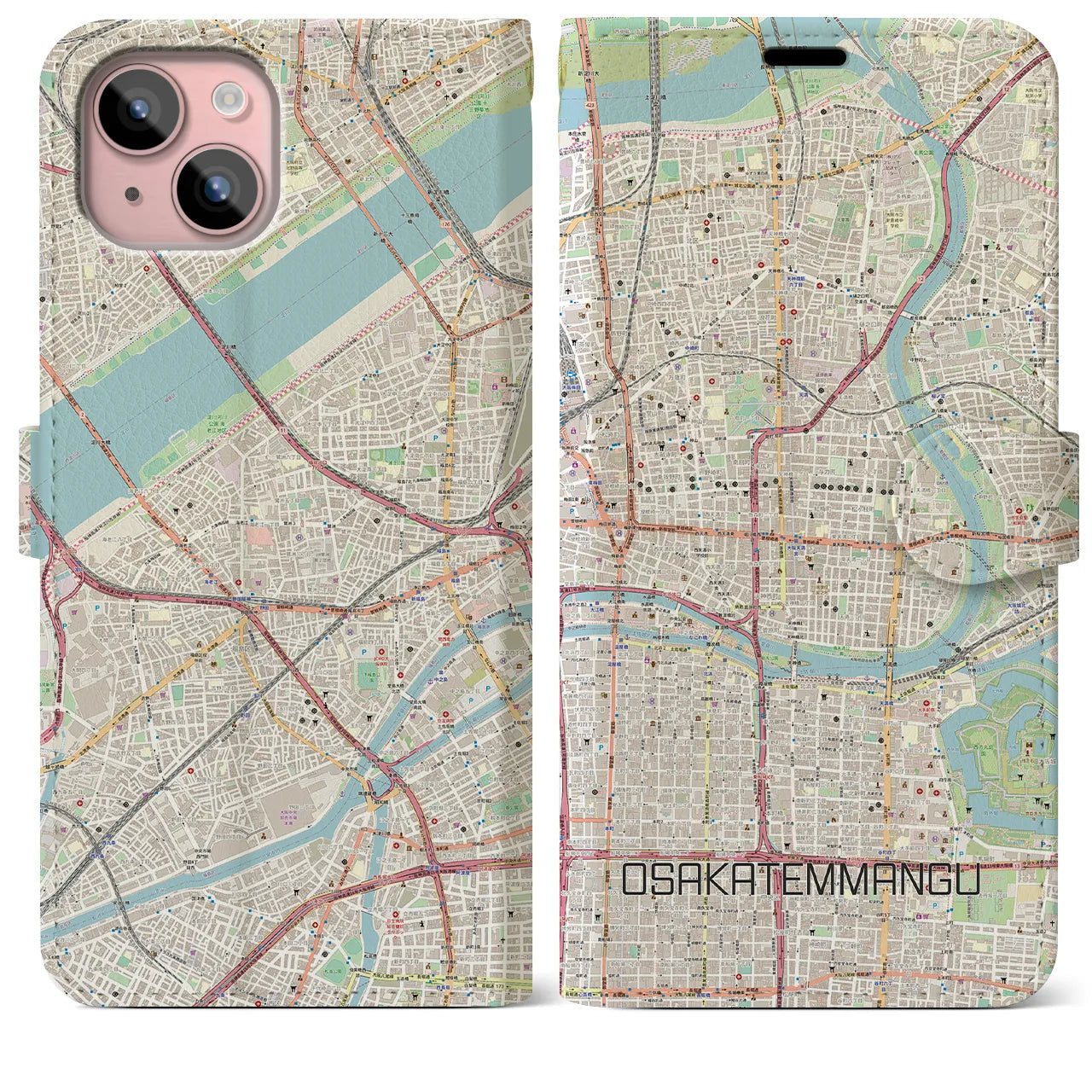 【大阪天満宮】地図柄iPhoneケース（手帳両面タイプ・ナチュラル）iPhone 15 Plus 用