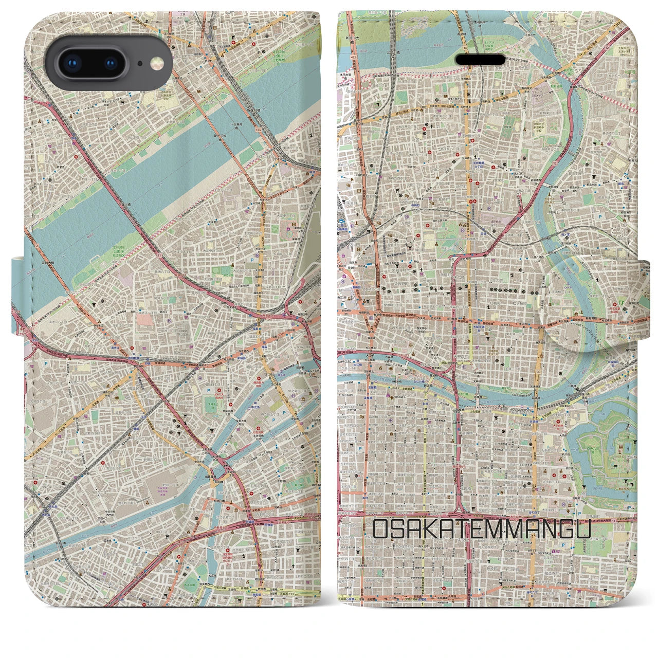 【大阪天満宮】地図柄iPhoneケース（手帳両面タイプ・ナチュラル）iPhone 8Plus /7Plus / 6sPlus / 6Plus 用