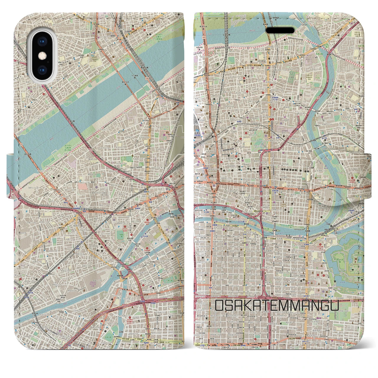 【大阪天満宮】地図柄iPhoneケース（手帳両面タイプ・ナチュラル）iPhone XS Max 用