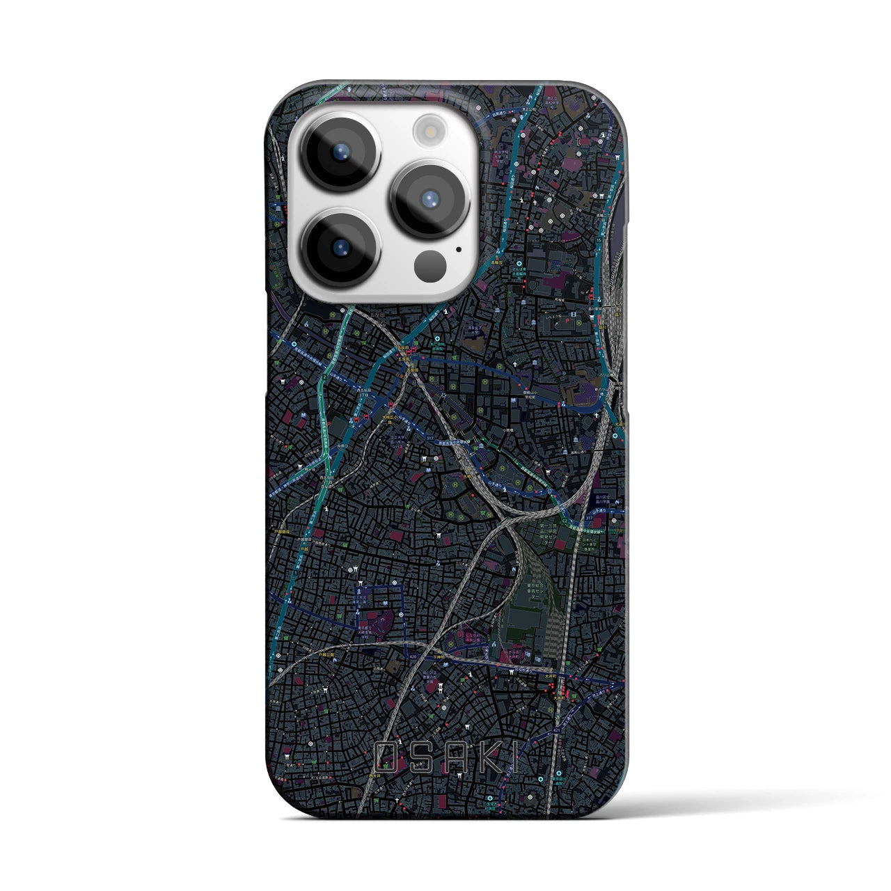 【大崎】地図柄iPhoneケース（バックカバータイプ・ブラック）iPhone 14 Pro 用