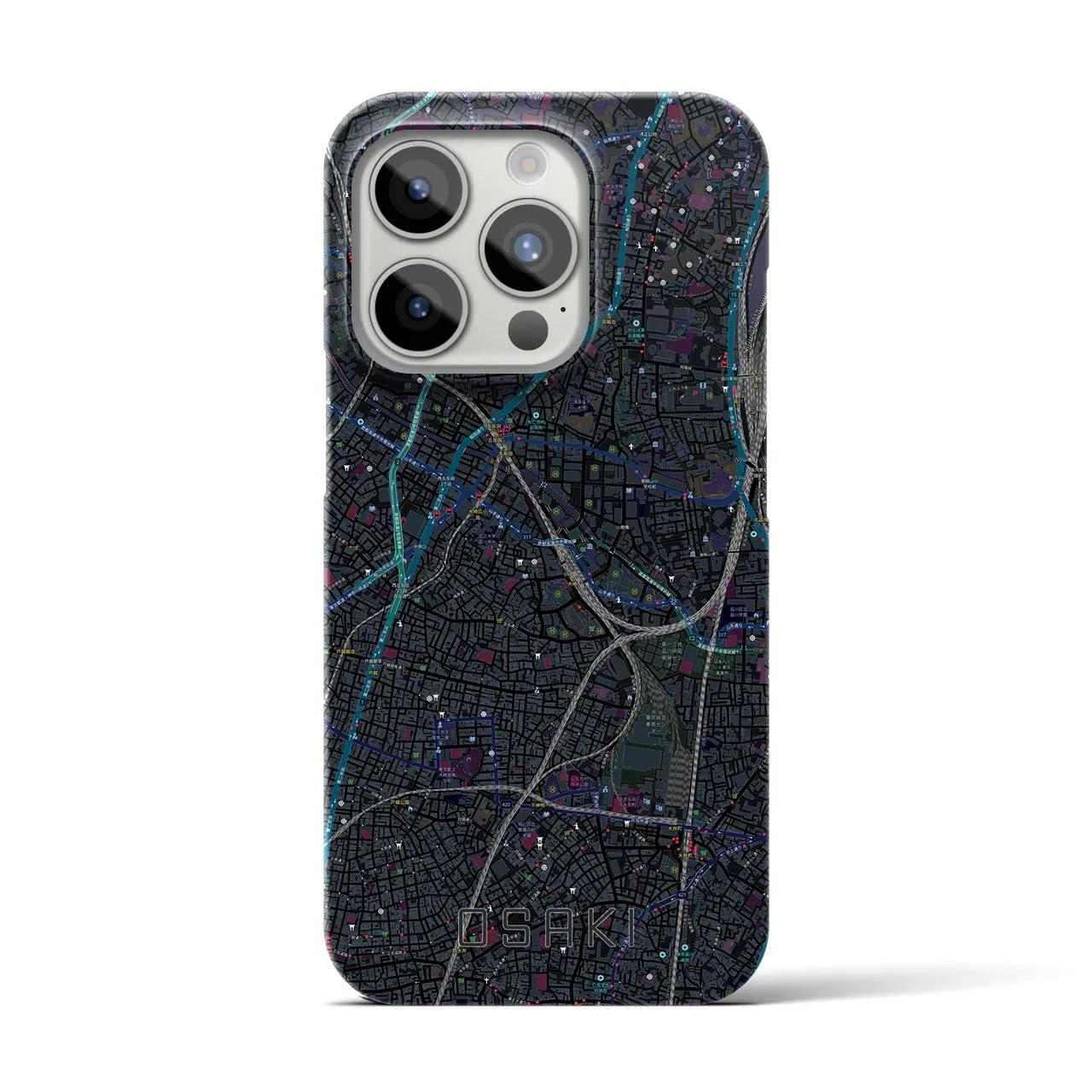 【大崎】地図柄iPhoneケース（バックカバータイプ・ブラック）iPhone 15 Pro 用