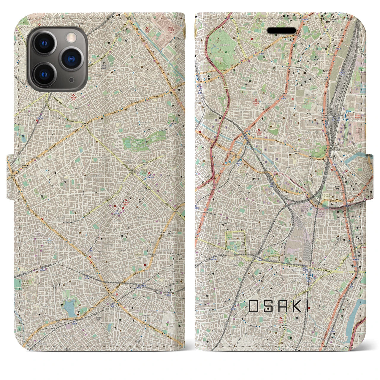 【大崎】地図柄iPhoneケース（手帳両面タイプ・ナチュラル）iPhone 11 Pro Max 用