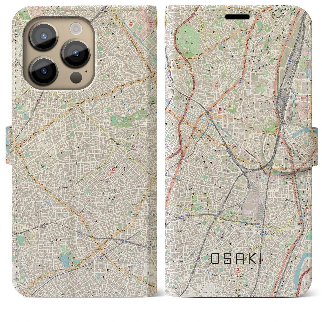 【大崎】地図柄iPhoneケース（手帳両面タイプ・ナチュラル）iPhone 14 Pro Max 用