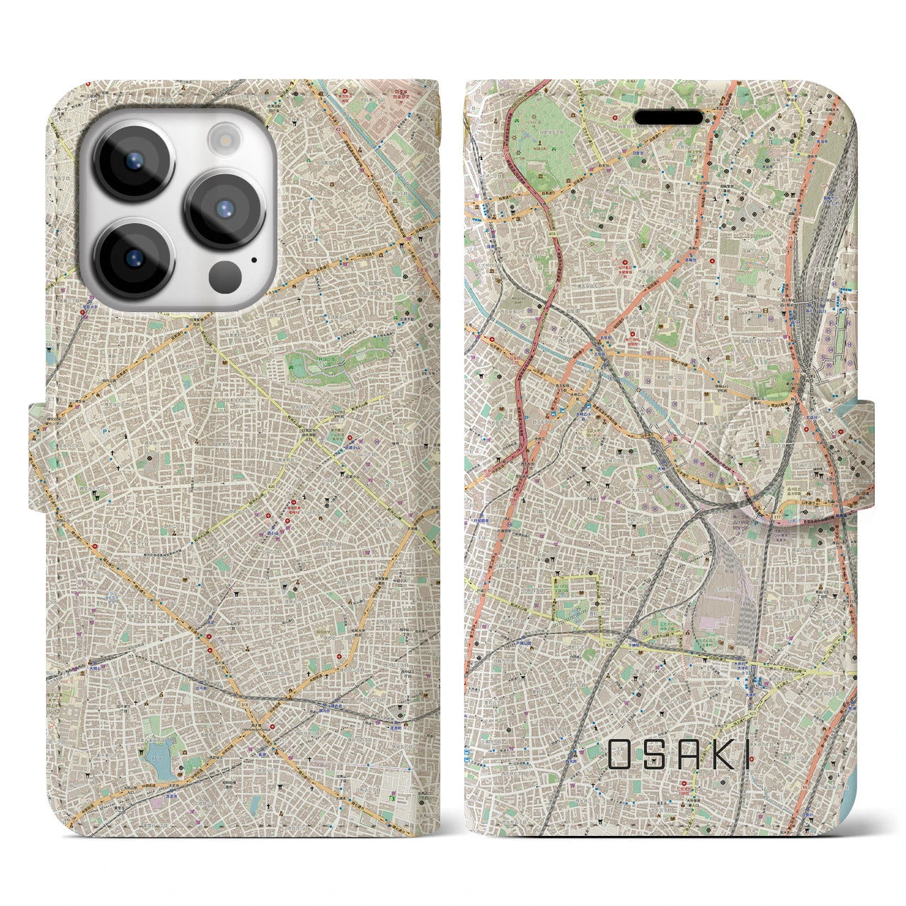 【大崎】地図柄iPhoneケース（手帳両面タイプ・ナチュラル）iPhone 14 Pro 用