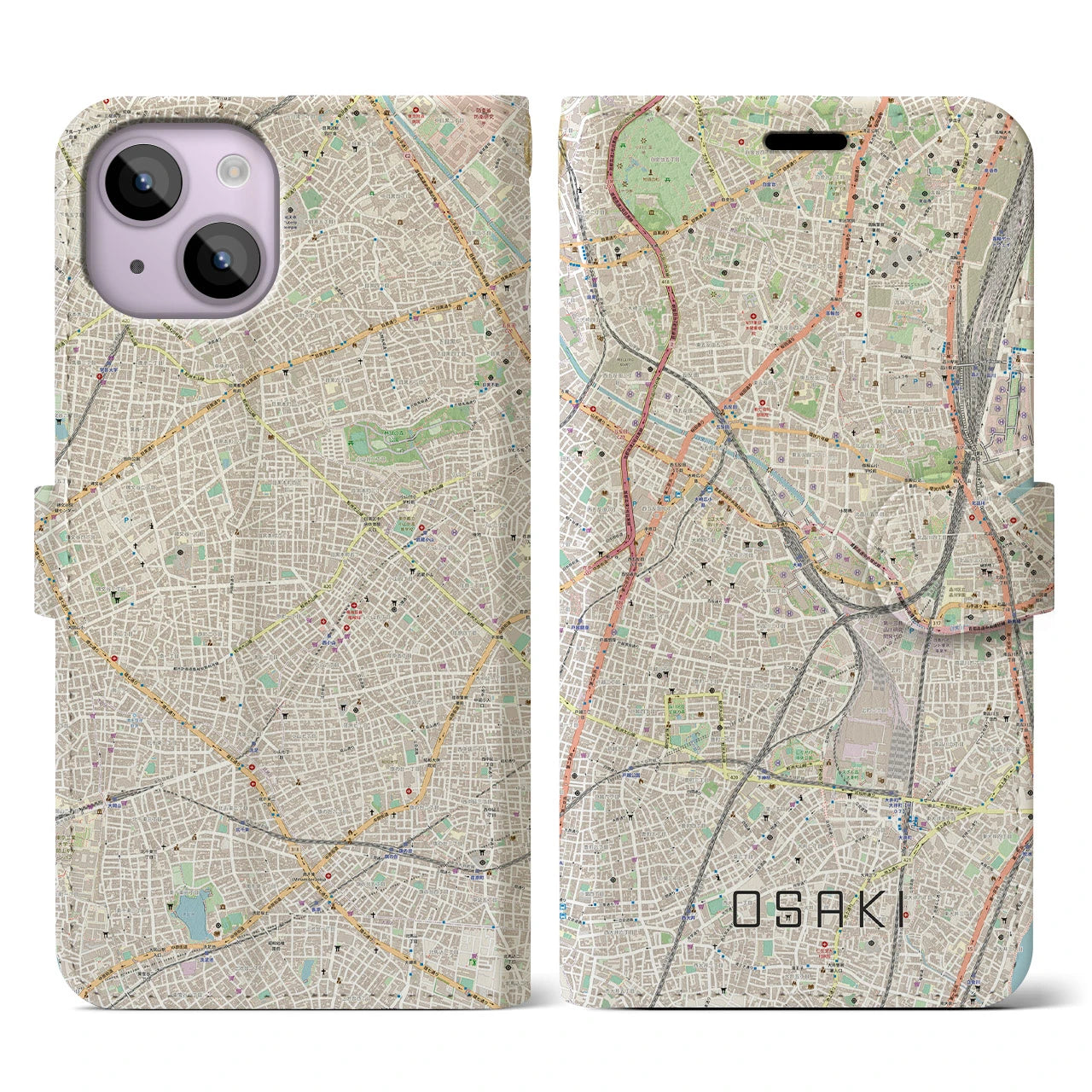【大崎】地図柄iPhoneケース（手帳両面タイプ・ナチュラル）iPhone 14 用