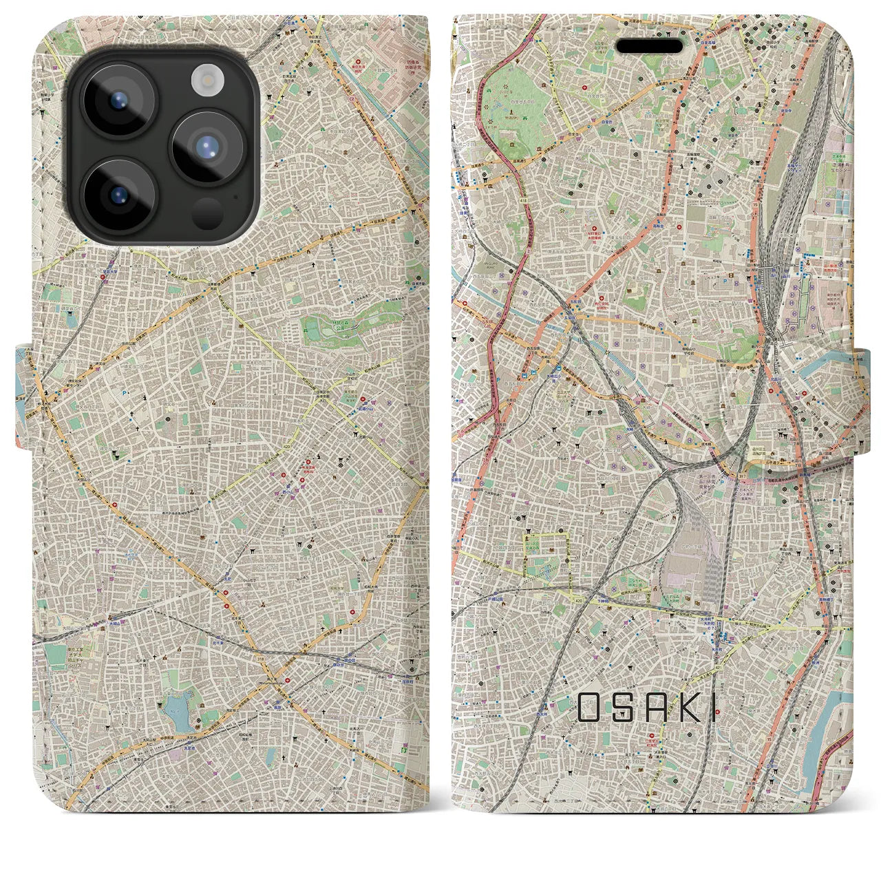 【大崎】地図柄iPhoneケース（手帳両面タイプ・ナチュラル）iPhone 15 Pro Max 用