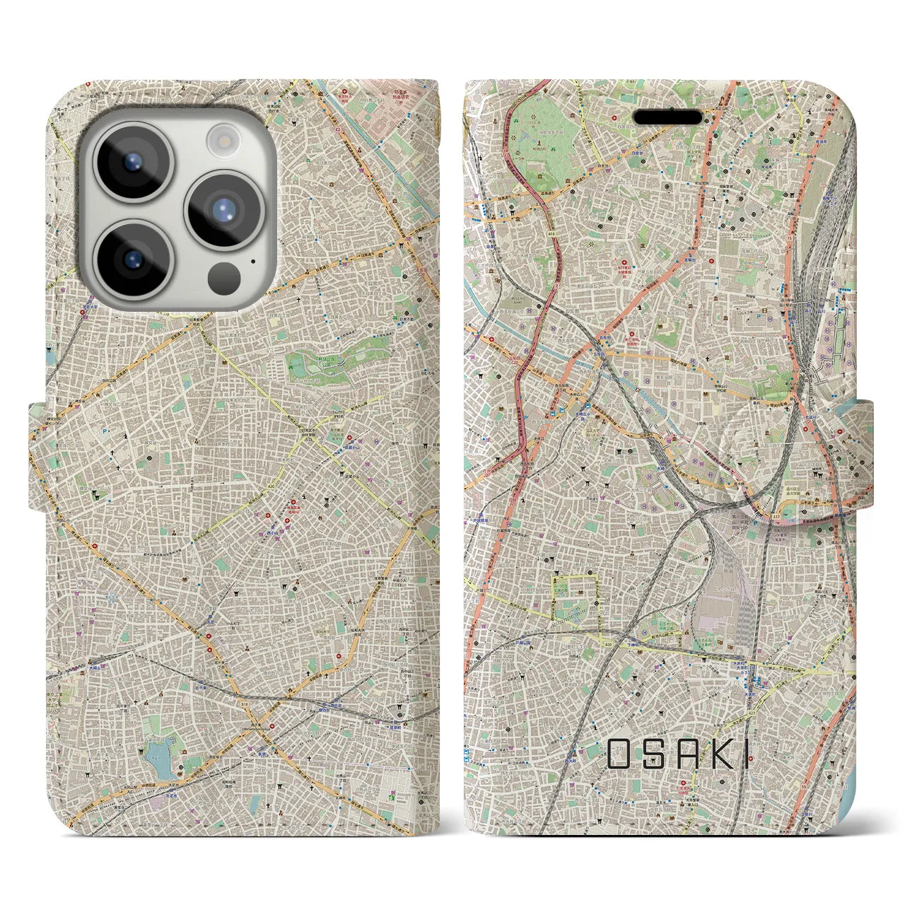 【大崎】地図柄iPhoneケース（手帳両面タイプ・ナチュラル）iPhone 15 Pro 用