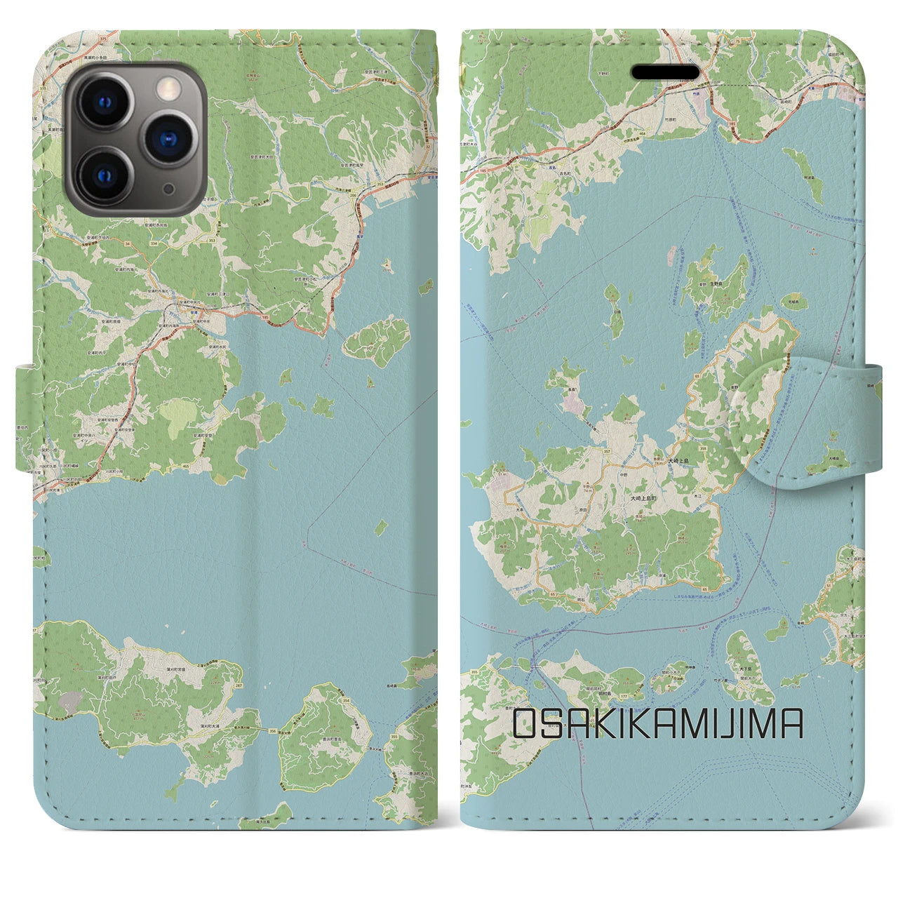【大崎上島】地図柄iPhoneケース（手帳両面タイプ・ナチュラル）iPhone 11 Pro Max 用