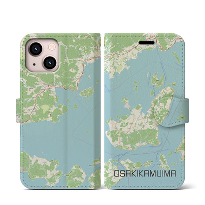 【大崎上島（広島県）】地図柄iPhoneケース（手帳タイプ）ナチュラル・iPhone 13 mini 用