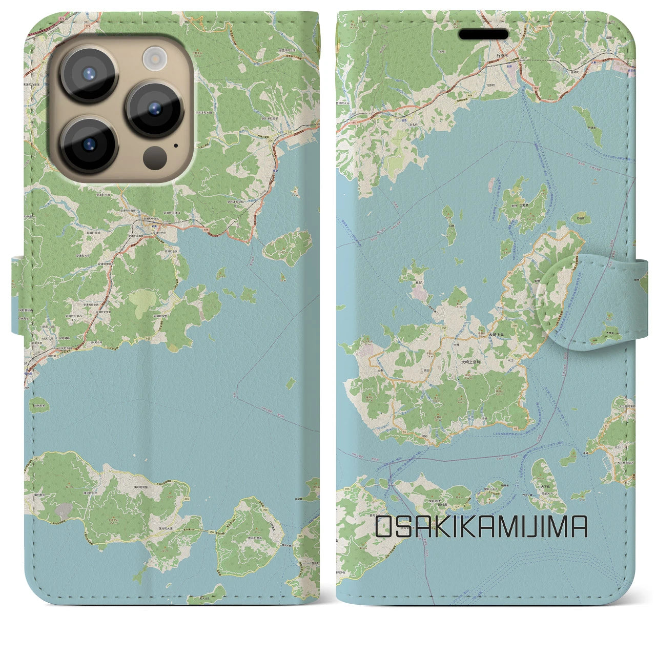 【大崎上島】地図柄iPhoneケース（手帳両面タイプ・ナチュラル）iPhone 14 Pro Max 用