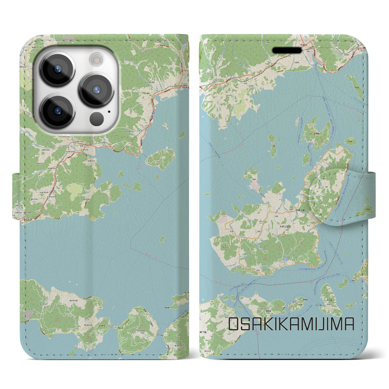 【大崎上島】地図柄iPhoneケース（手帳両面タイプ・ナチュラル）iPhone 14 Pro 用