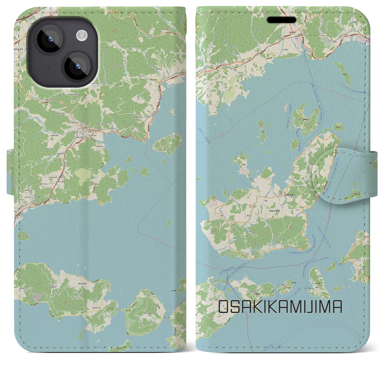 【大崎上島】地図柄iPhoneケース（手帳両面タイプ・ナチュラル）iPhone 14 Plus 用