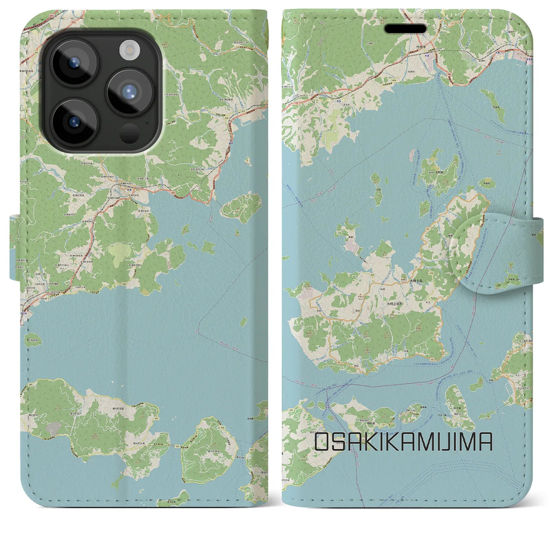 【大崎上島】地図柄iPhoneケース（手帳両面タイプ・ナチュラル）iPhone 15 Pro Max 用