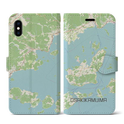 【大崎上島（広島県）】地図柄iPhoneケース（手帳タイプ）ナチュラル・iPhone XS / X 用