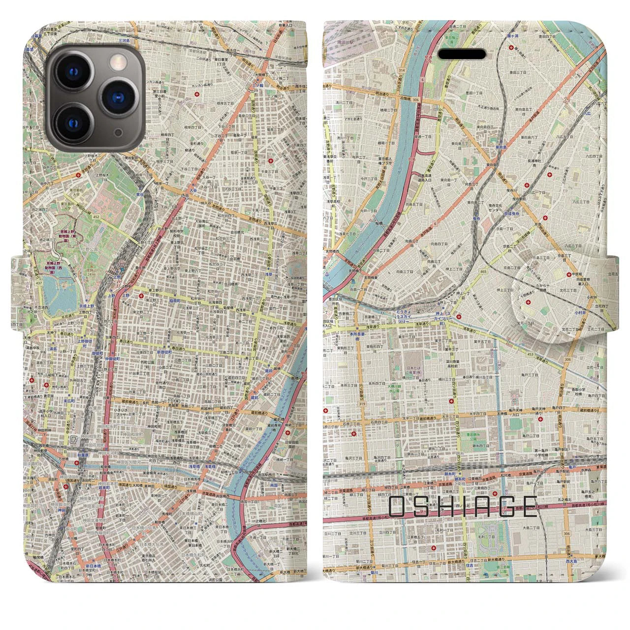 【押上】地図柄iPhoneケース（手帳両面タイプ・ナチュラル）iPhone 11 Pro Max 用