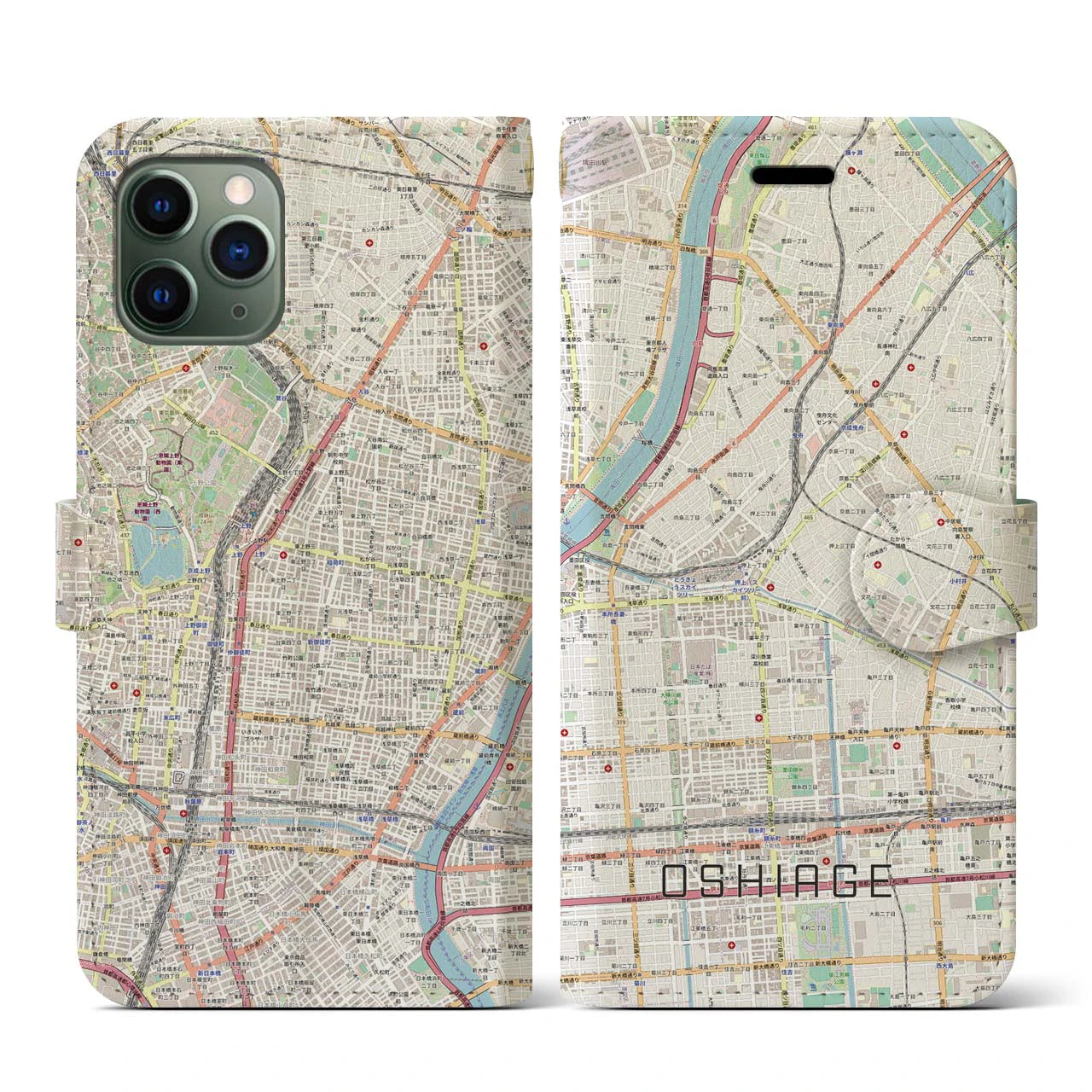 【押上】地図柄iPhoneケース（手帳両面タイプ・ナチュラル）iPhone 11 Pro 用