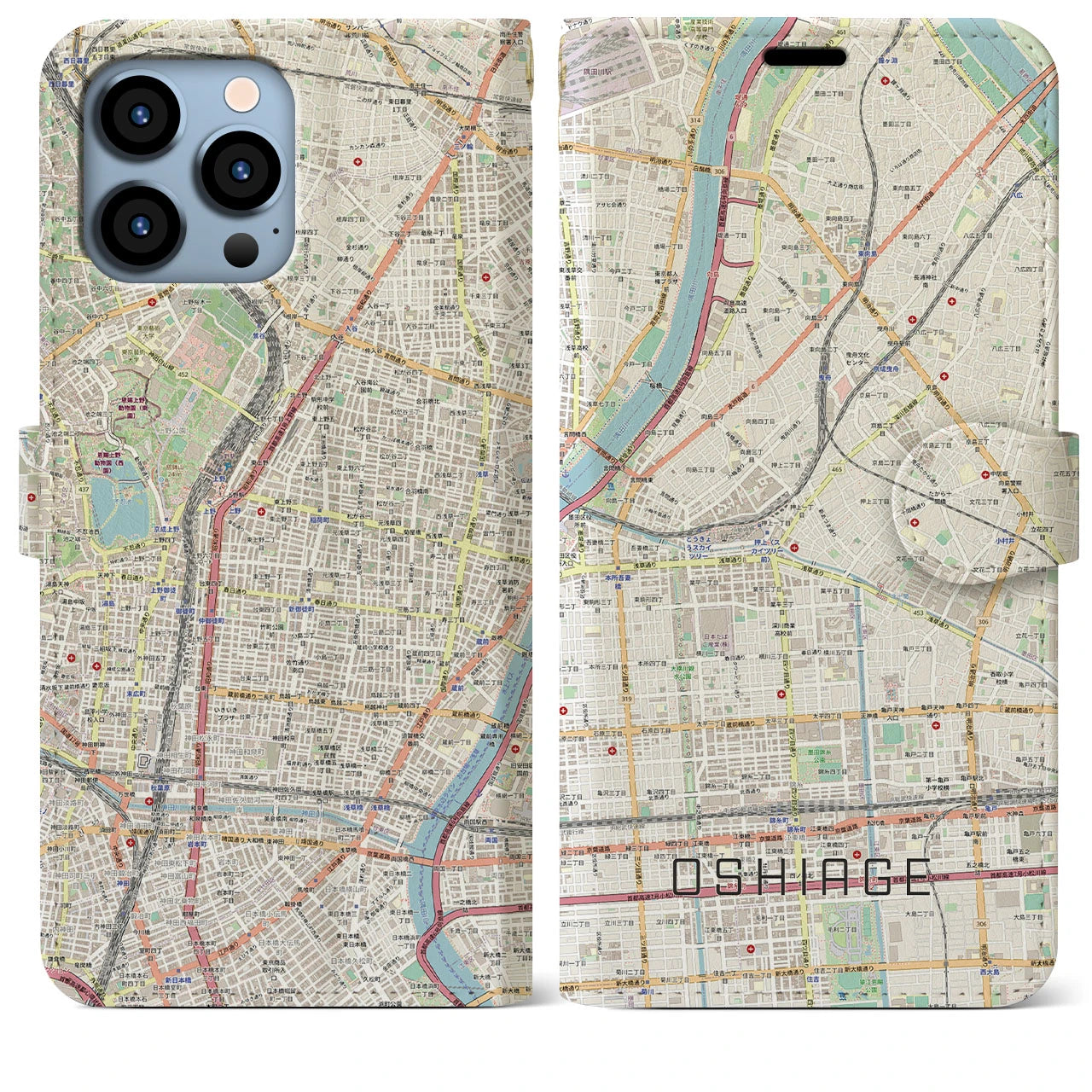 【押上】地図柄iPhoneケース（手帳両面タイプ・ナチュラル）iPhone 13 Pro Max 用