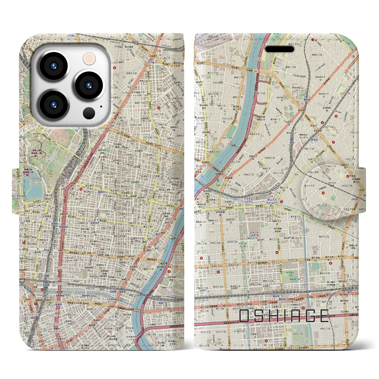 【押上】地図柄iPhoneケース（手帳両面タイプ・ナチュラル）iPhone 13 Pro 用
