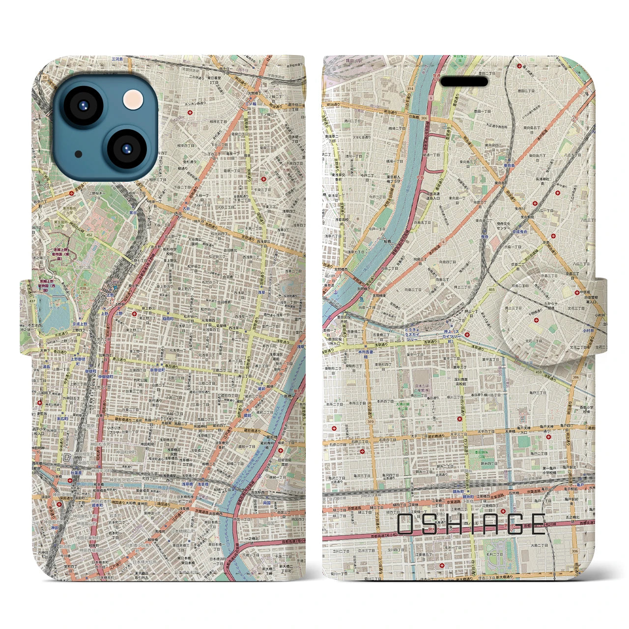 【押上】地図柄iPhoneケース（手帳両面タイプ・ナチュラル）iPhone 13 用