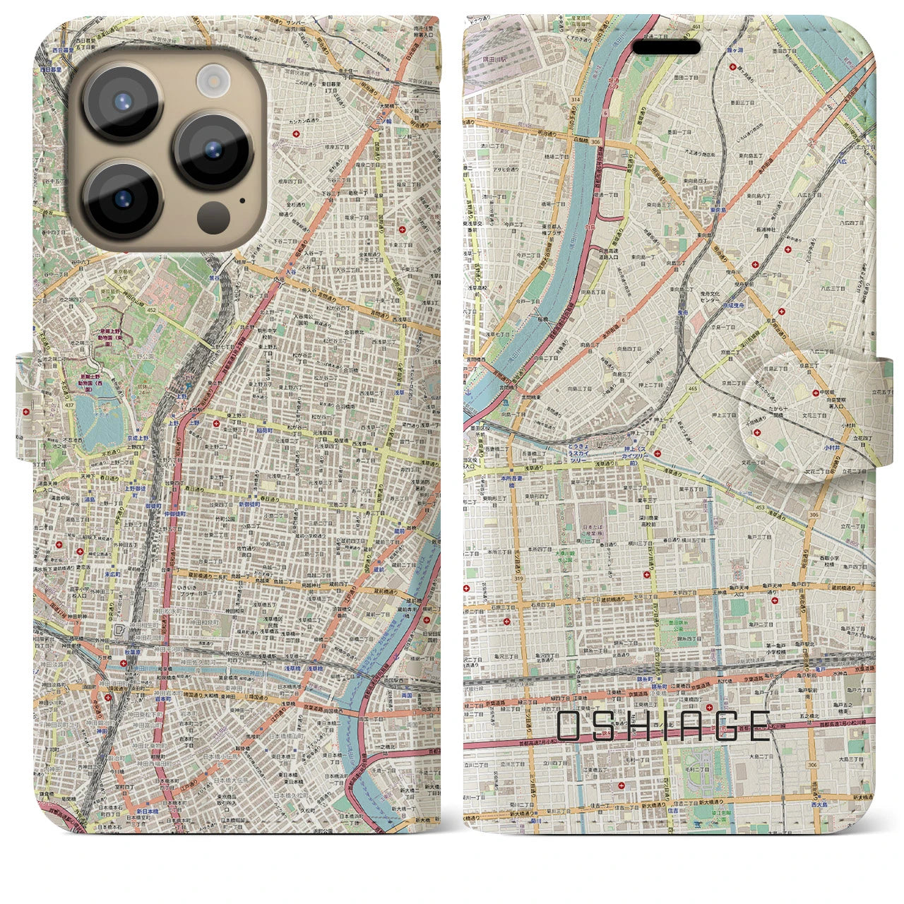 【押上】地図柄iPhoneケース（手帳両面タイプ・ナチュラル）iPhone 14 Pro Max 用