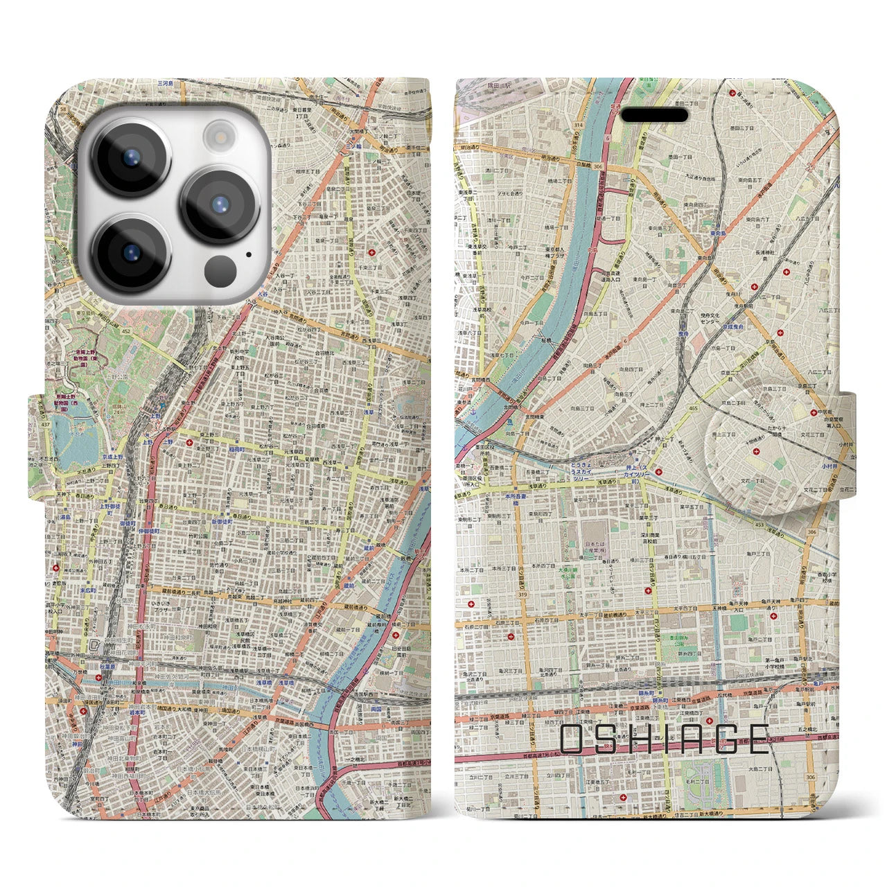 【押上】地図柄iPhoneケース（手帳両面タイプ・ナチュラル）iPhone 14 Pro 用