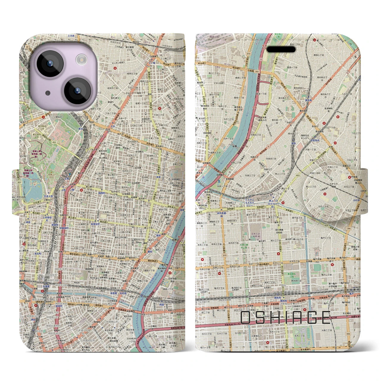 【押上】地図柄iPhoneケース（手帳両面タイプ・ナチュラル）iPhone 14 用