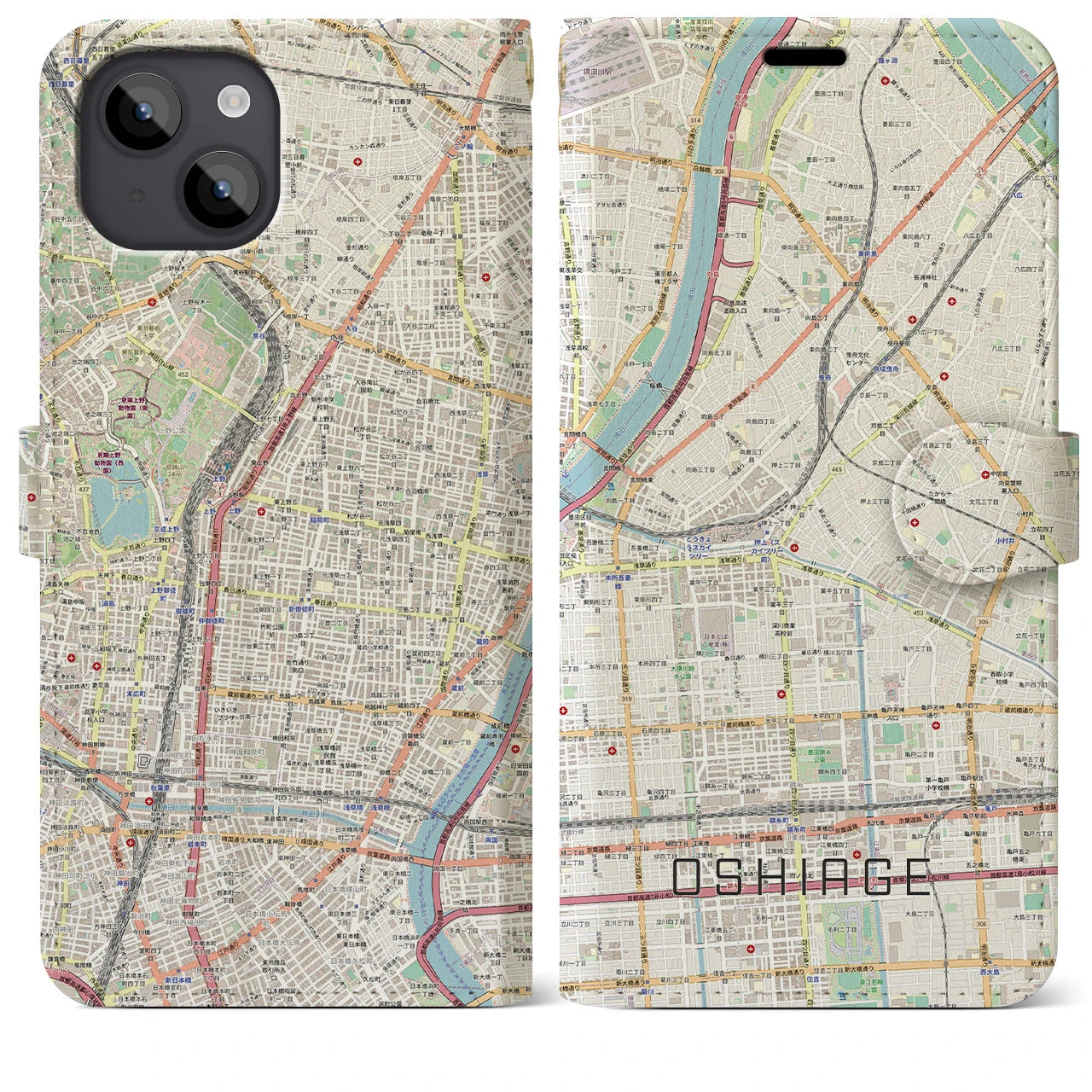 【押上】地図柄iPhoneケース（手帳両面タイプ・ナチュラル）iPhone 14 Plus 用