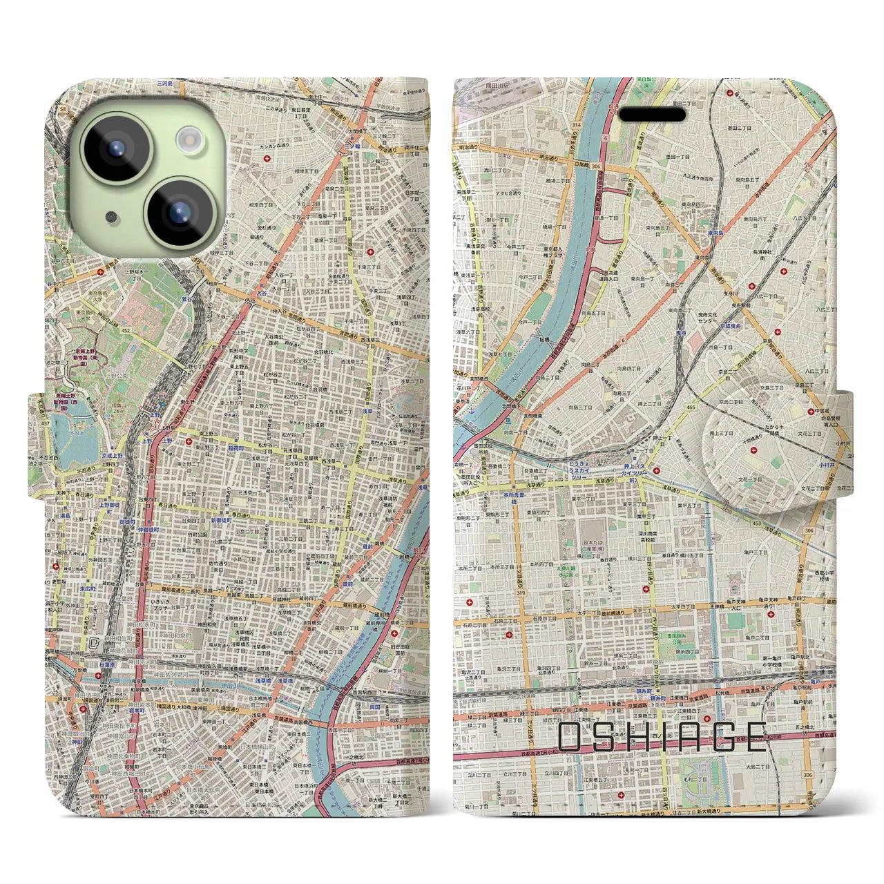 【押上】地図柄iPhoneケース（手帳両面タイプ・ナチュラル）iPhone 15 用