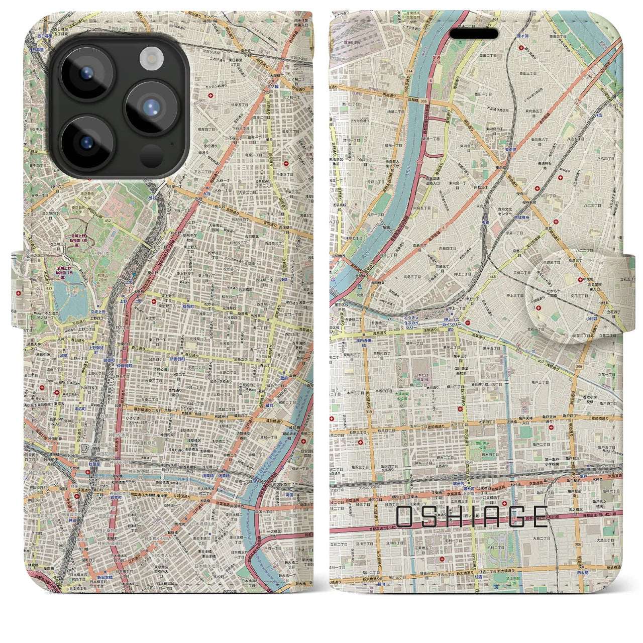 【押上】地図柄iPhoneケース（手帳両面タイプ・ナチュラル）iPhone 15 Pro Max 用