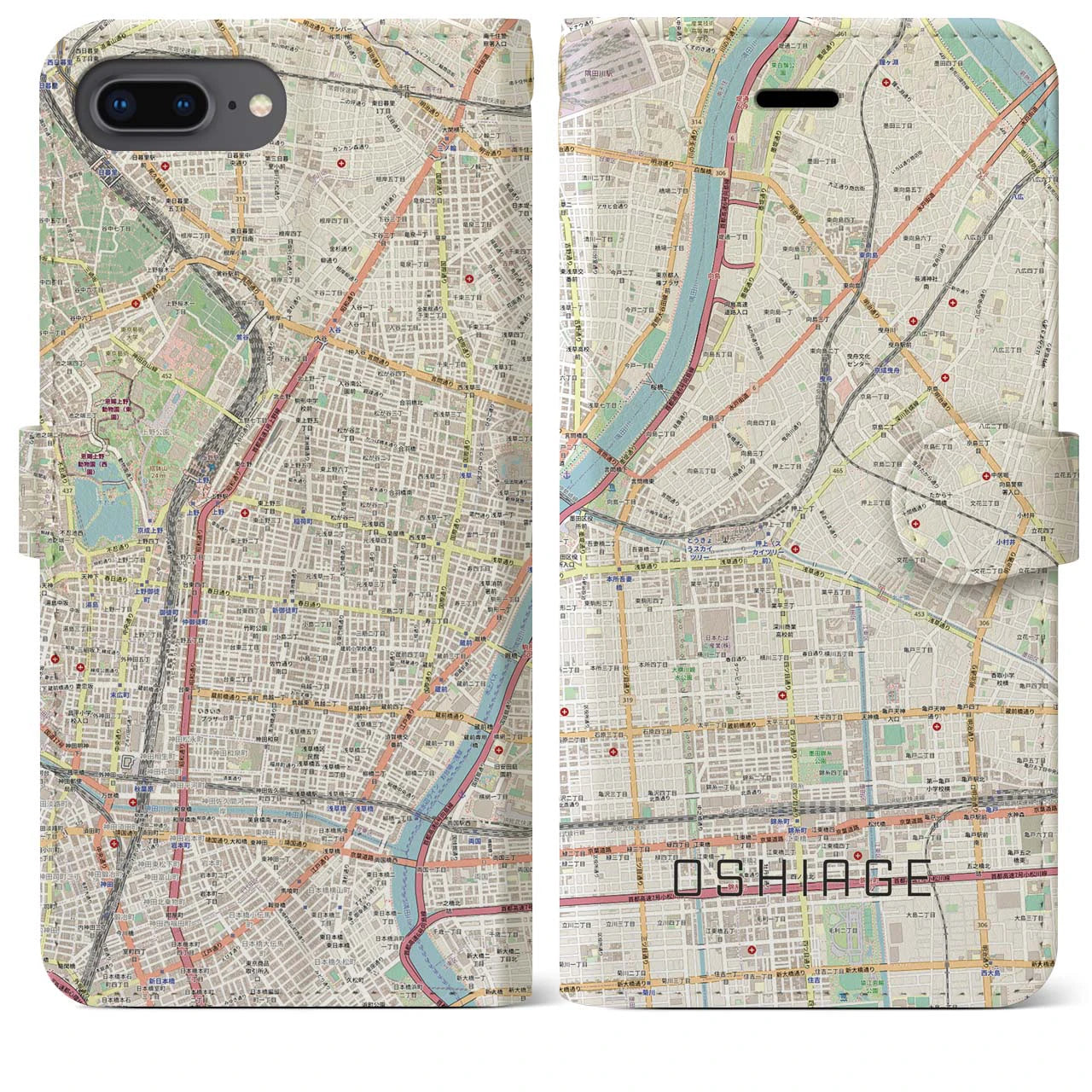 【押上】地図柄iPhoneケース（手帳両面タイプ・ナチュラル）iPhone 8Plus /7Plus / 6sPlus / 6Plus 用
