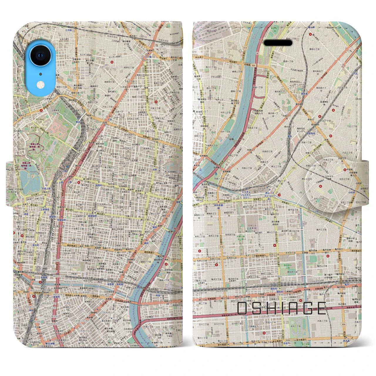 【押上】地図柄iPhoneケース（手帳両面タイプ・ナチュラル）iPhone XR 用