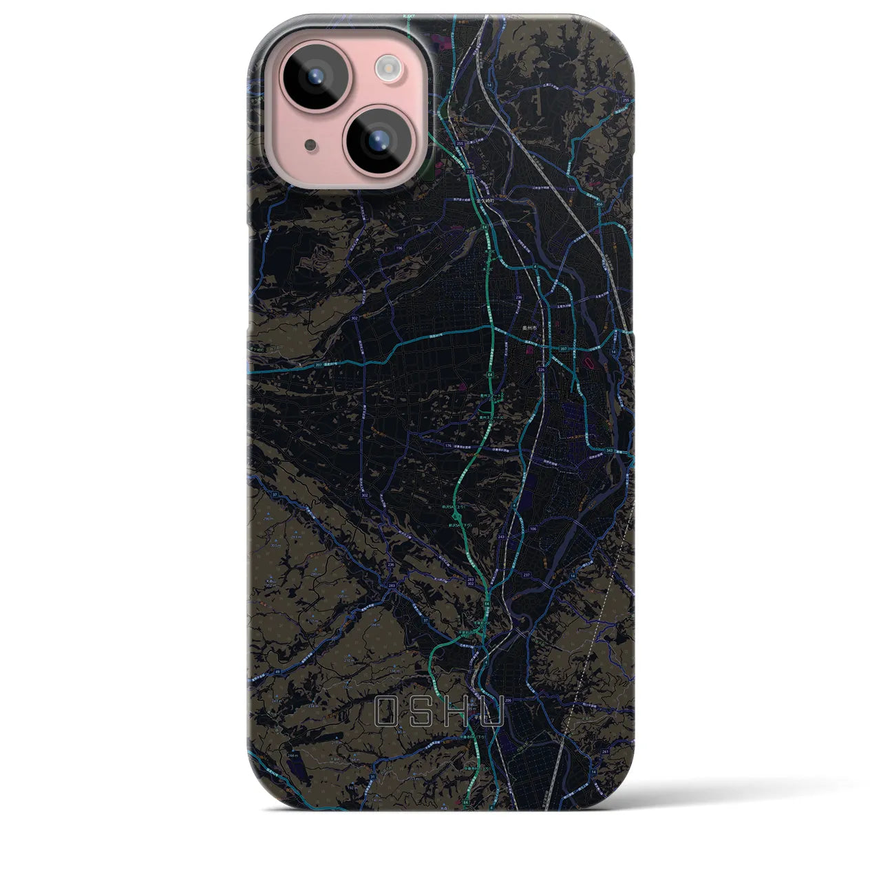 【奥州】地図柄iPhoneケース（バックカバータイプ・ブラック）iPhone 15 Plus 用