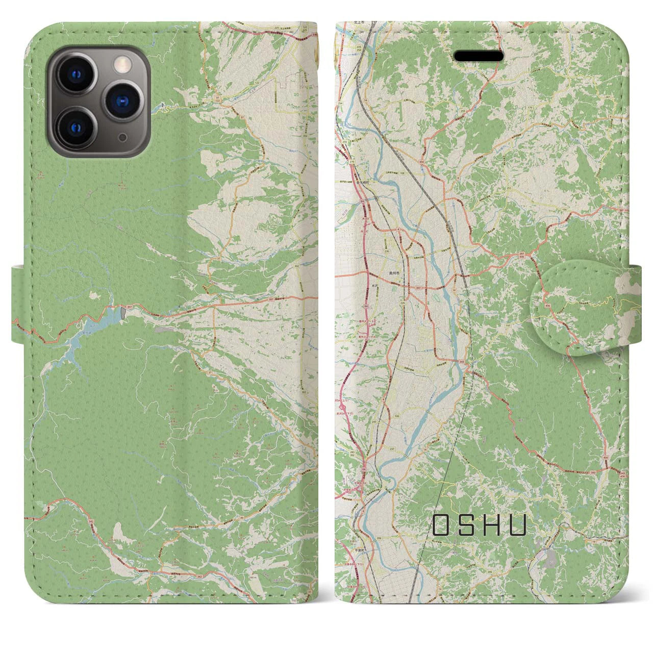 【奥州】地図柄iPhoneケース（手帳両面タイプ・ナチュラル）iPhone 11 Pro Max 用