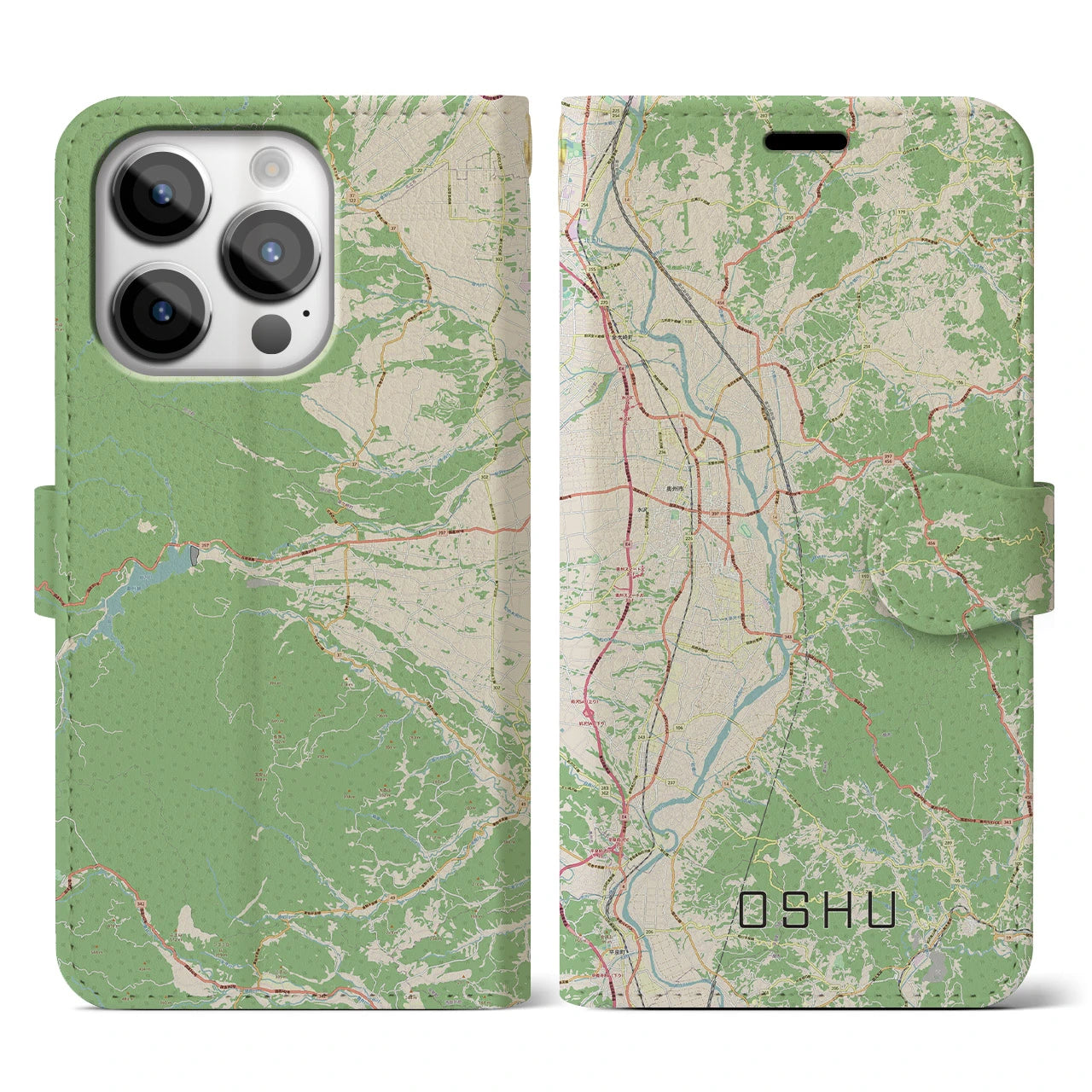 【奥州】地図柄iPhoneケース（手帳両面タイプ・ナチュラル）iPhone 14 Pro 用