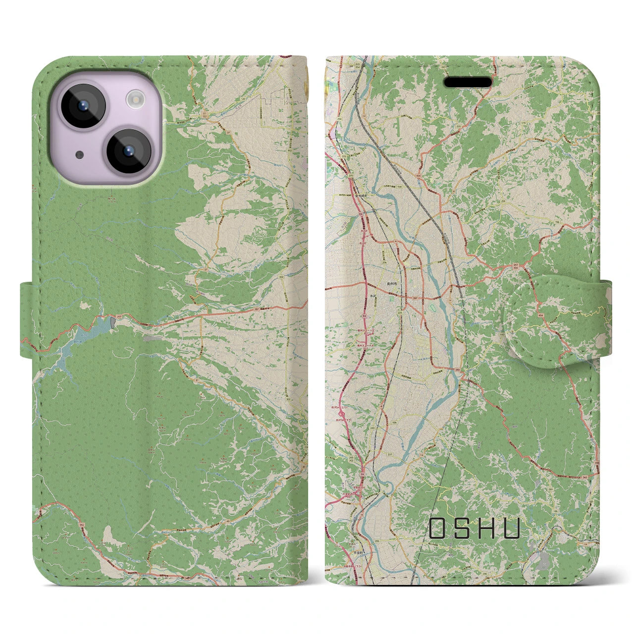 【奥州】地図柄iPhoneケース（手帳両面タイプ・ナチュラル）iPhone 14 用