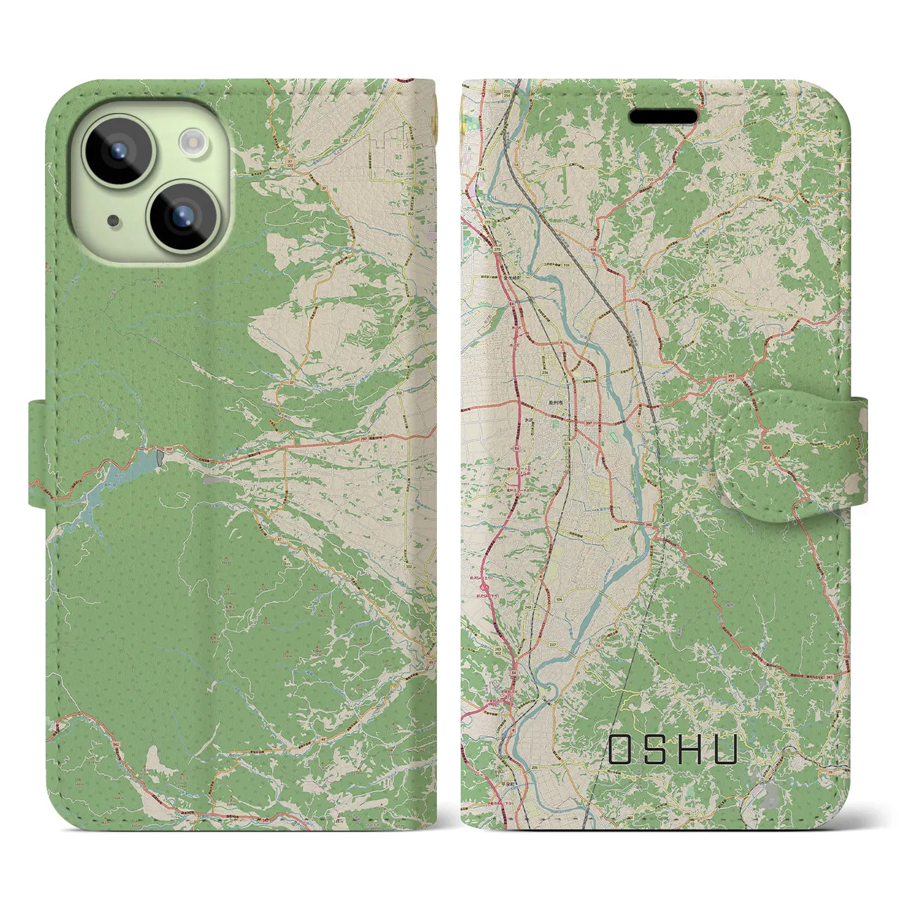 【奥州】地図柄iPhoneケース（手帳両面タイプ・ナチュラル）iPhone 15 用