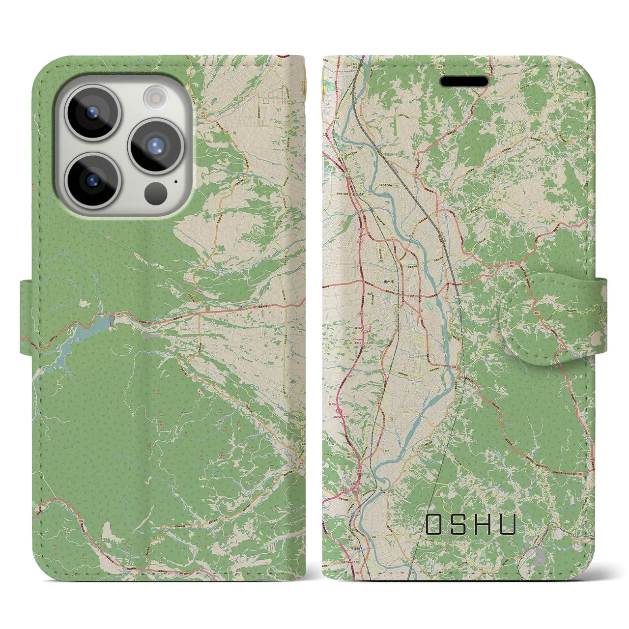 【奥州】地図柄iPhoneケース（手帳両面タイプ・ナチュラル）iPhone 15 Pro 用