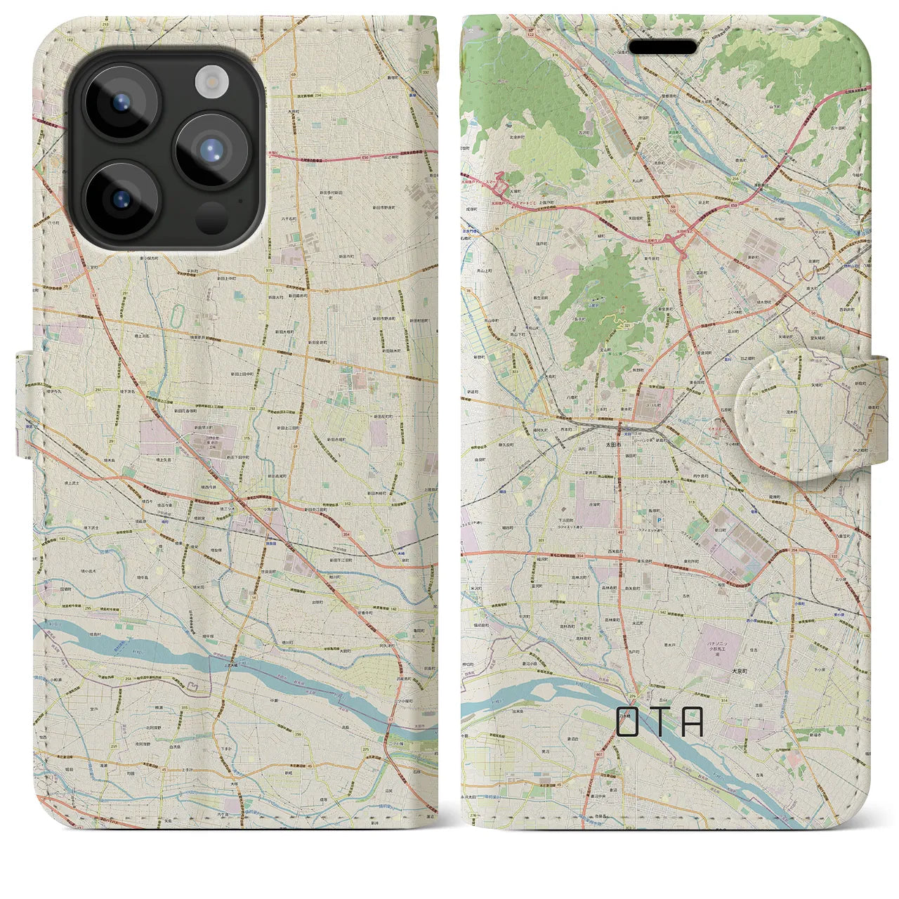 【太田】地図柄iPhoneケース（手帳両面タイプ・ナチュラル）iPhone 15 Pro Max 用