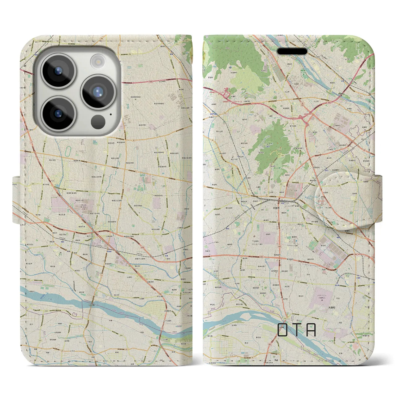 【太田】地図柄iPhoneケース（手帳両面タイプ・ナチュラル）iPhone 15 Pro 用
