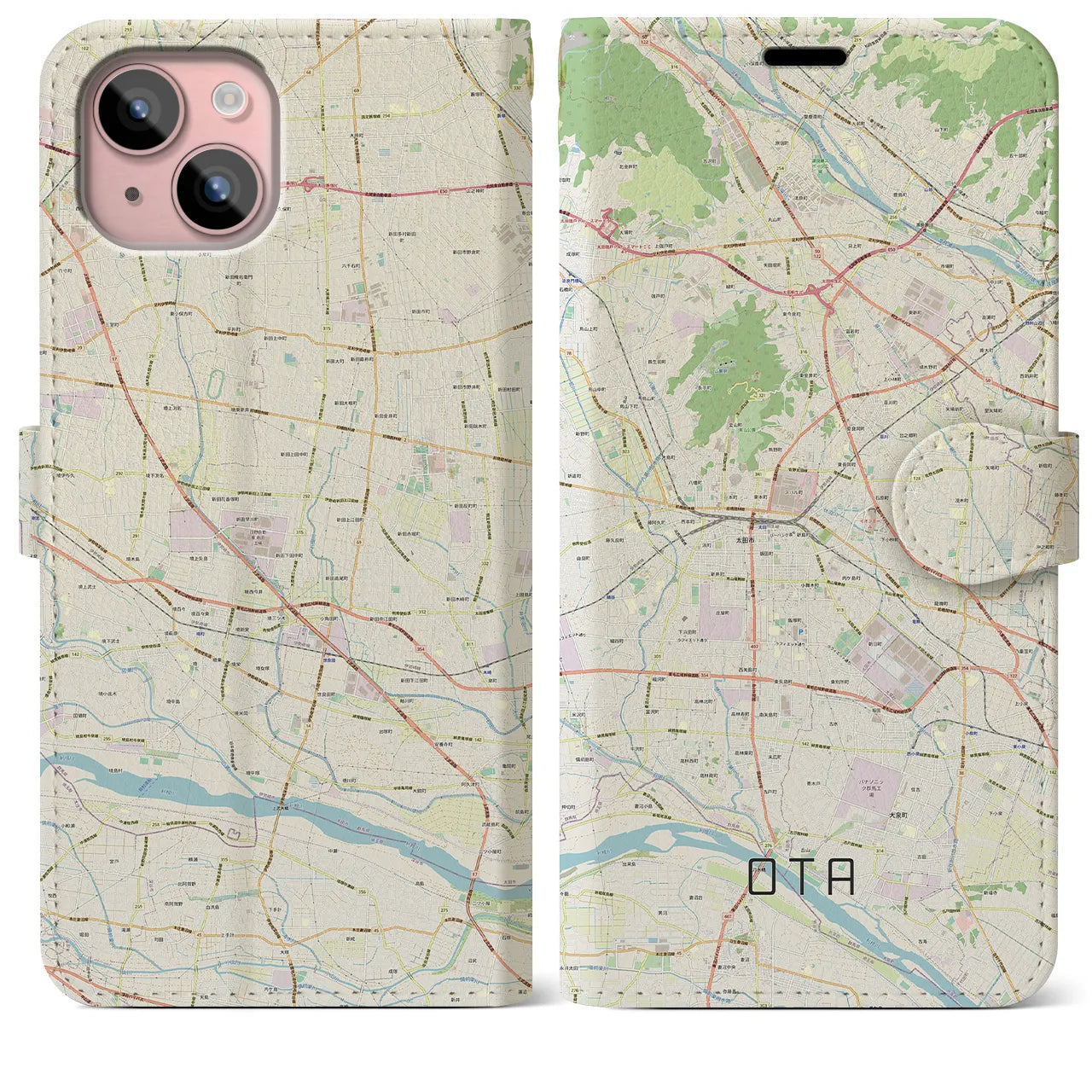 【太田】地図柄iPhoneケース（手帳両面タイプ・ナチュラル）iPhone 15 Plus 用