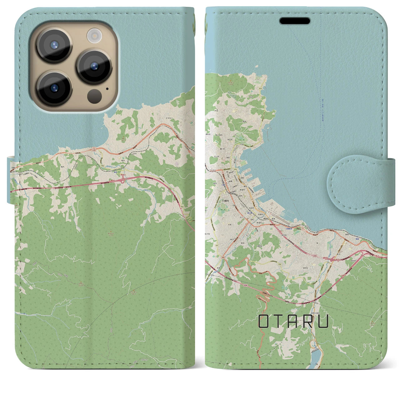 【小樽】地図柄iPhoneケース（手帳両面タイプ・ナチュラル）iPhone 14 Pro Max 用