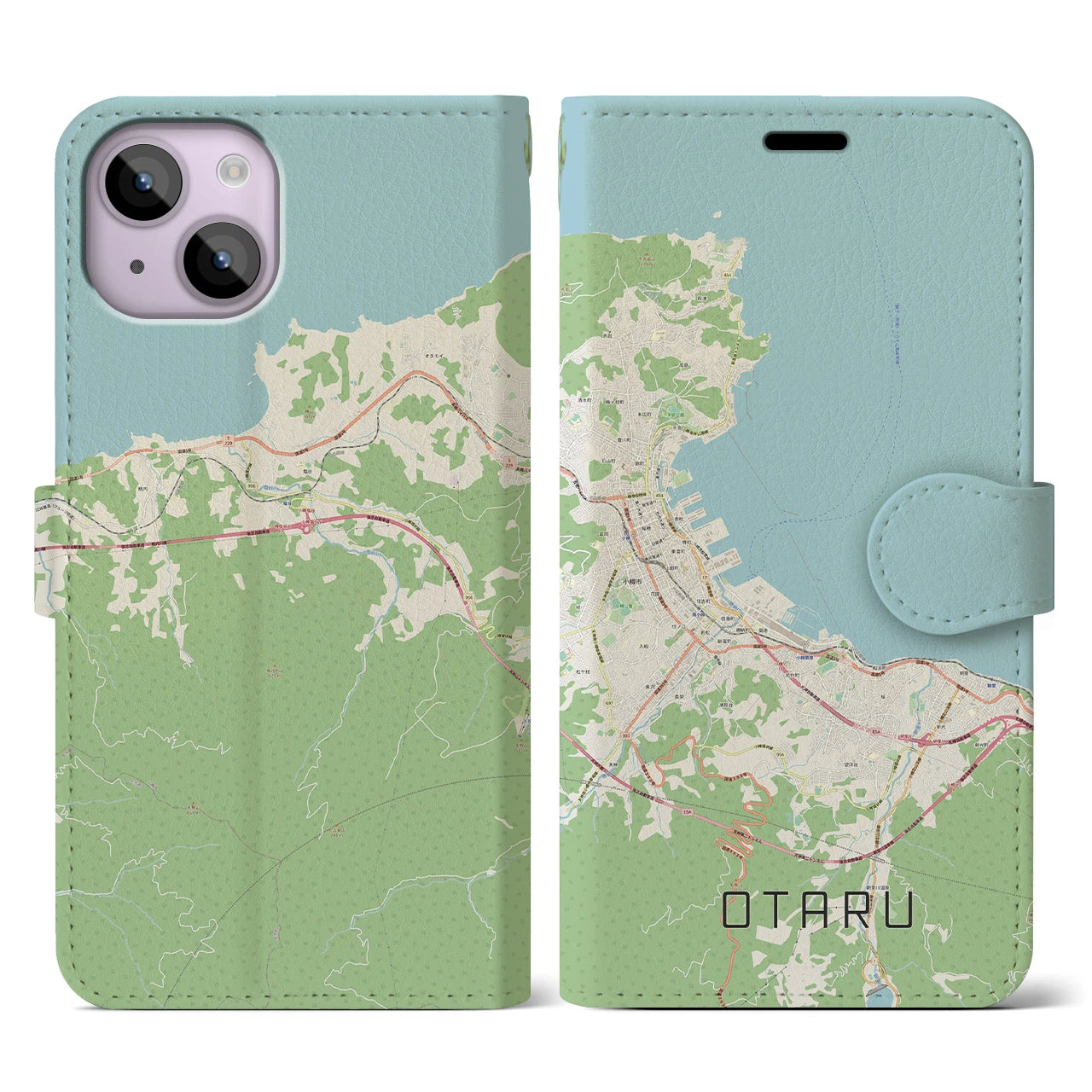 【小樽】地図柄iPhoneケース（手帳両面タイプ・ナチュラル）iPhone 14 用
