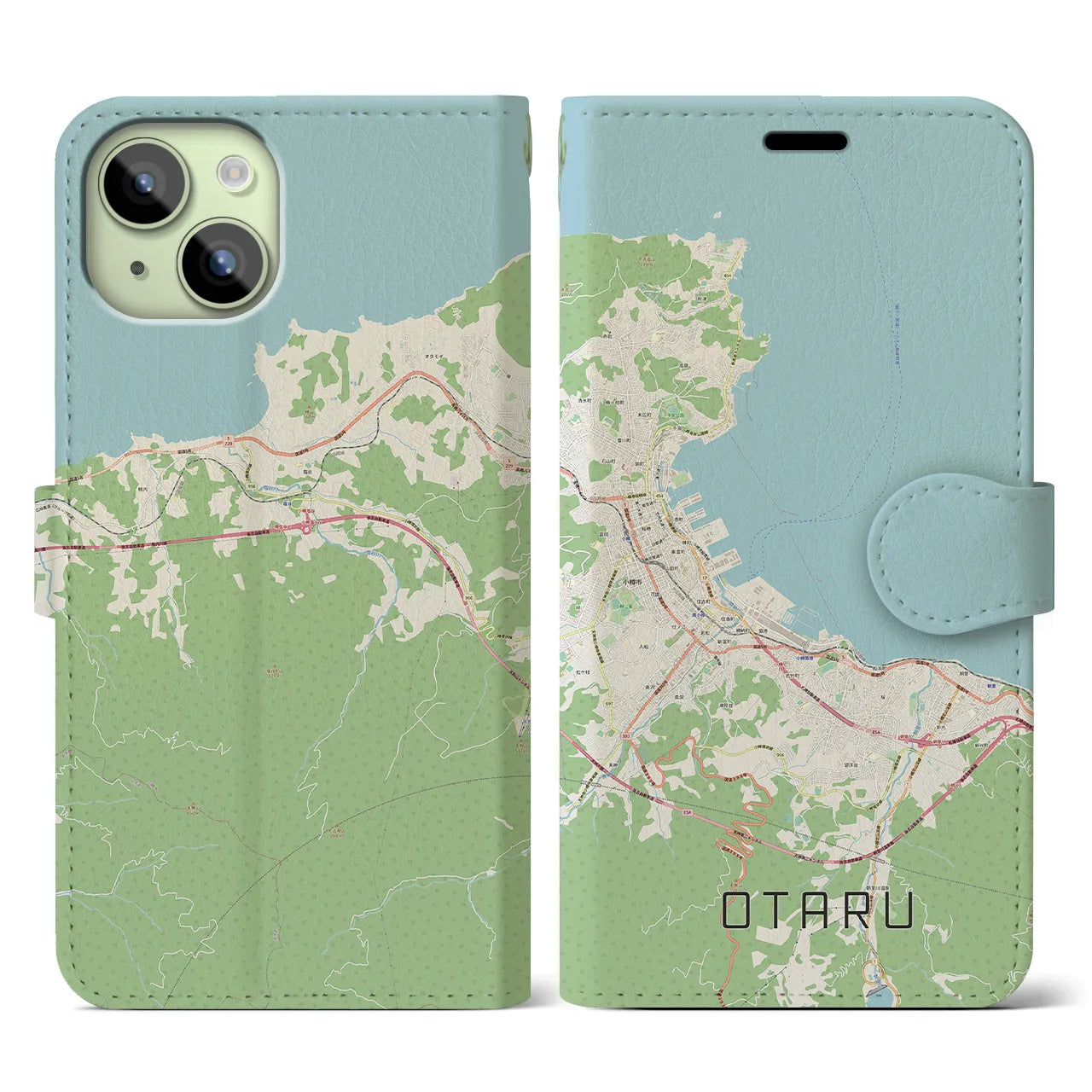 【小樽】地図柄iPhoneケース（手帳両面タイプ・ナチュラル）iPhone 15 用
