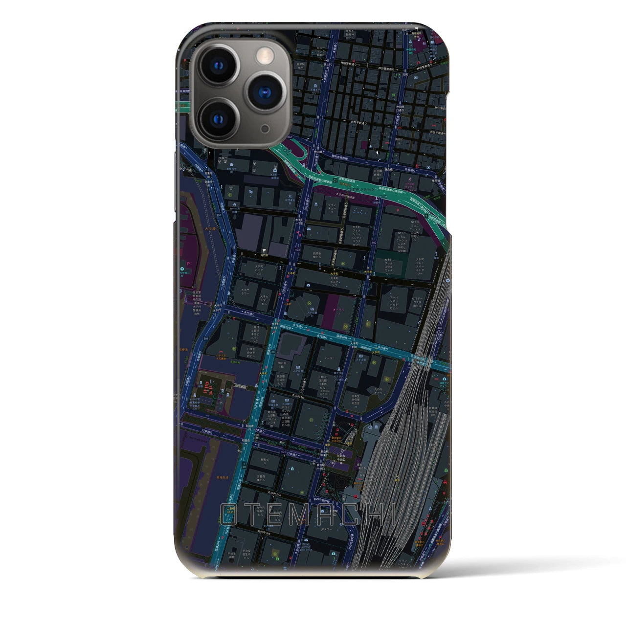 【大手町】地図柄iPhoneケース（バックカバータイプ・ブラック）iPhone 11 Pro Max 用