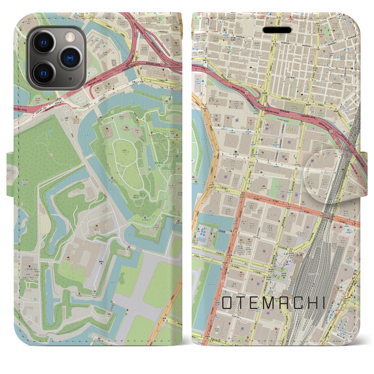 【大手町】地図柄iPhoneケース（手帳両面タイプ・ナチュラル）iPhone 11 Pro Max 用