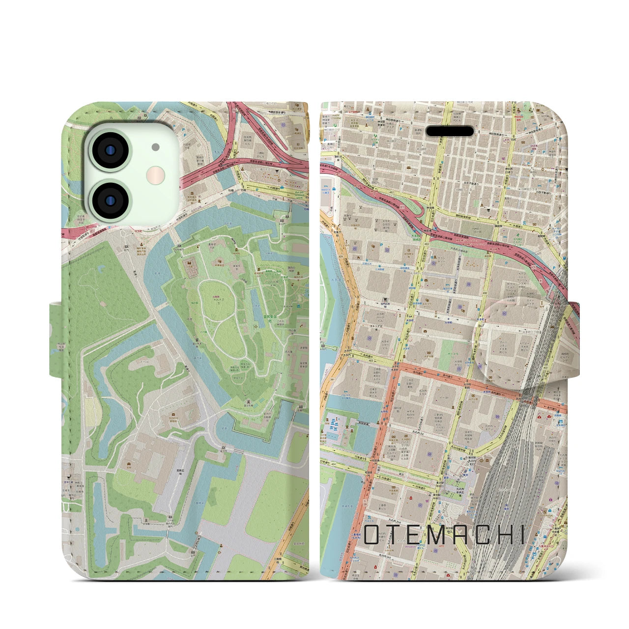 【大手町】地図柄iPhoneケース（手帳両面タイプ・ナチュラル）iPhone 12 mini 用