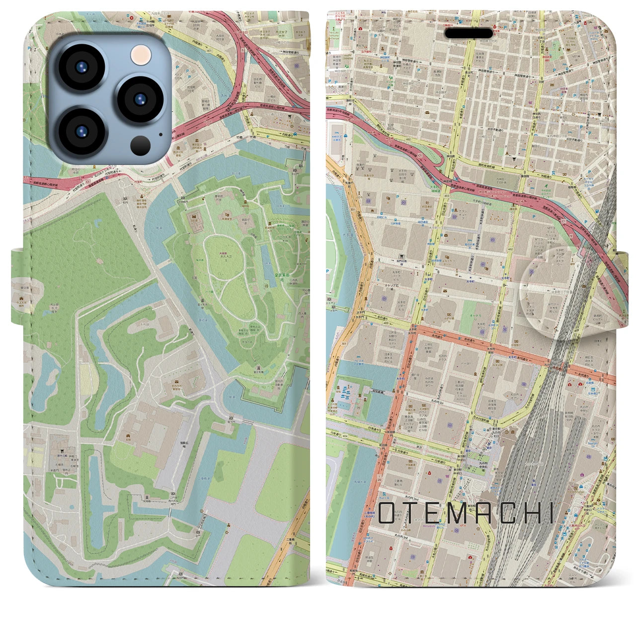 【大手町】地図柄iPhoneケース（手帳両面タイプ・ナチュラル）iPhone 13 Pro Max 用