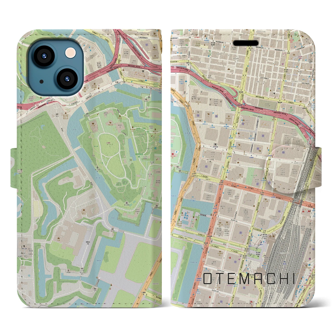 【大手町】地図柄iPhoneケース（手帳両面タイプ・ナチュラル）iPhone 13 用