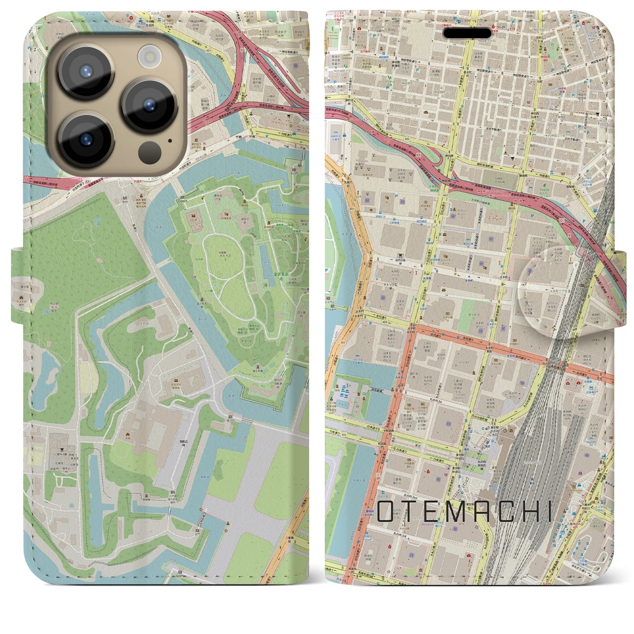 【大手町】地図柄iPhoneケース（手帳両面タイプ・ナチュラル）iPhone 14 Pro Max 用
